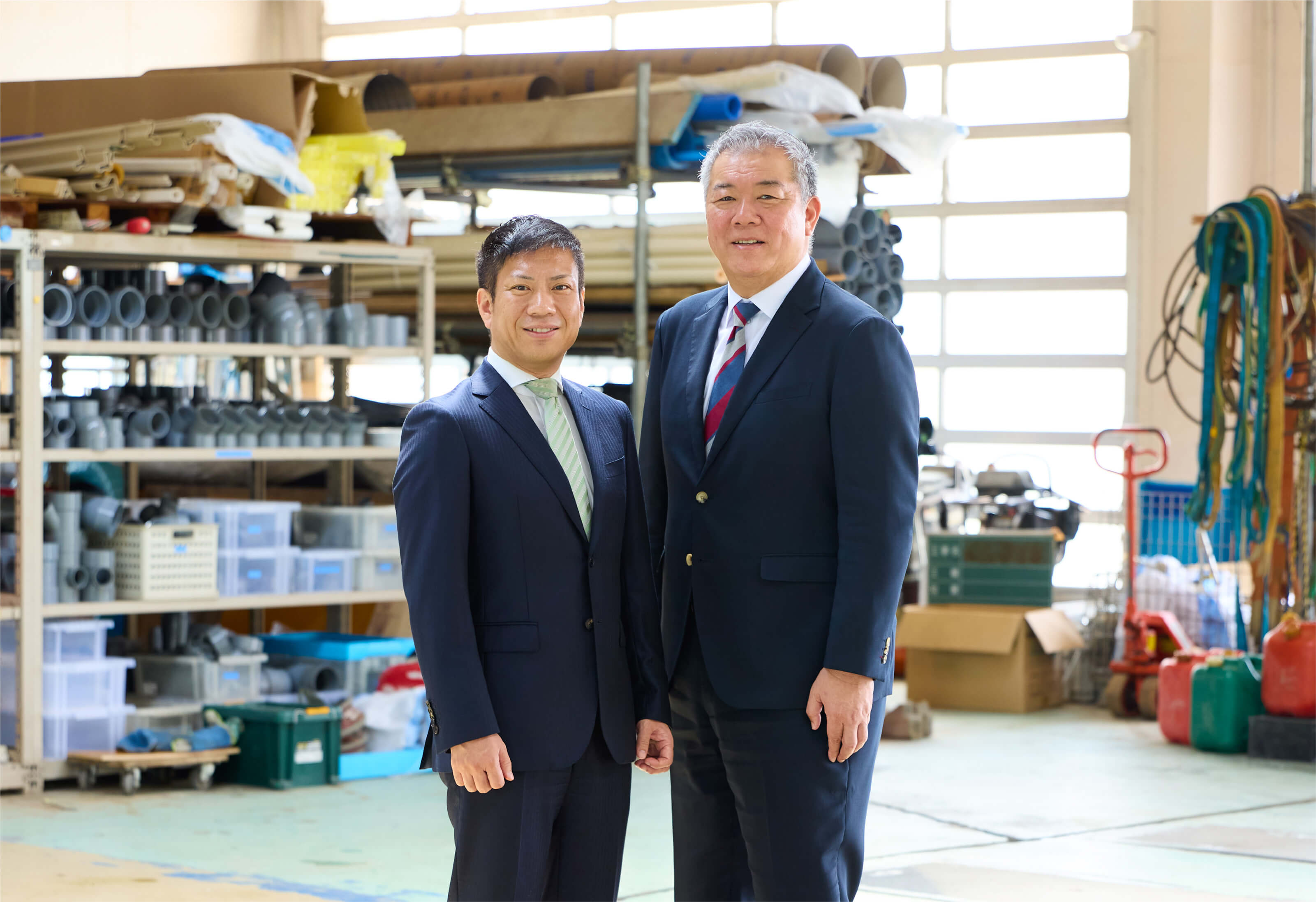 写真：なごやホールディングスの代表取締役社長とサンシンの取締役会長が笑顔で並んでいる